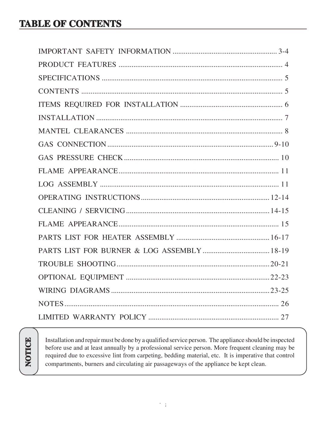 United States Stove B2045L, B2045N manual Table of Contents 