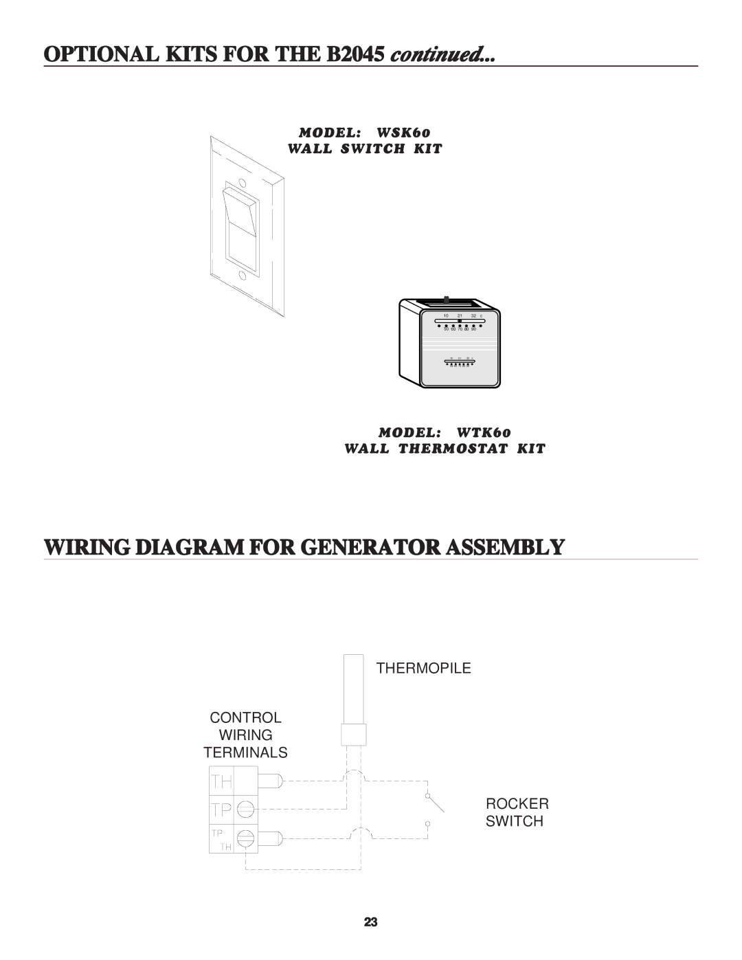 United States Stove B2045N, B2045L manual Optional Kits for the B2045, Wiring Diagram for Generator Assembly 