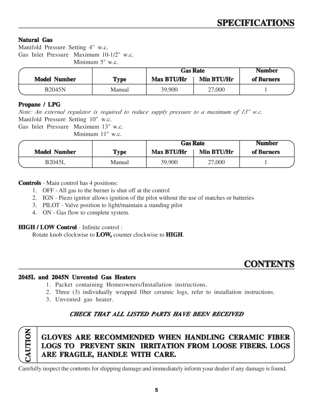 United States Stove B2045N, B2045L manual Specifications, Contents 