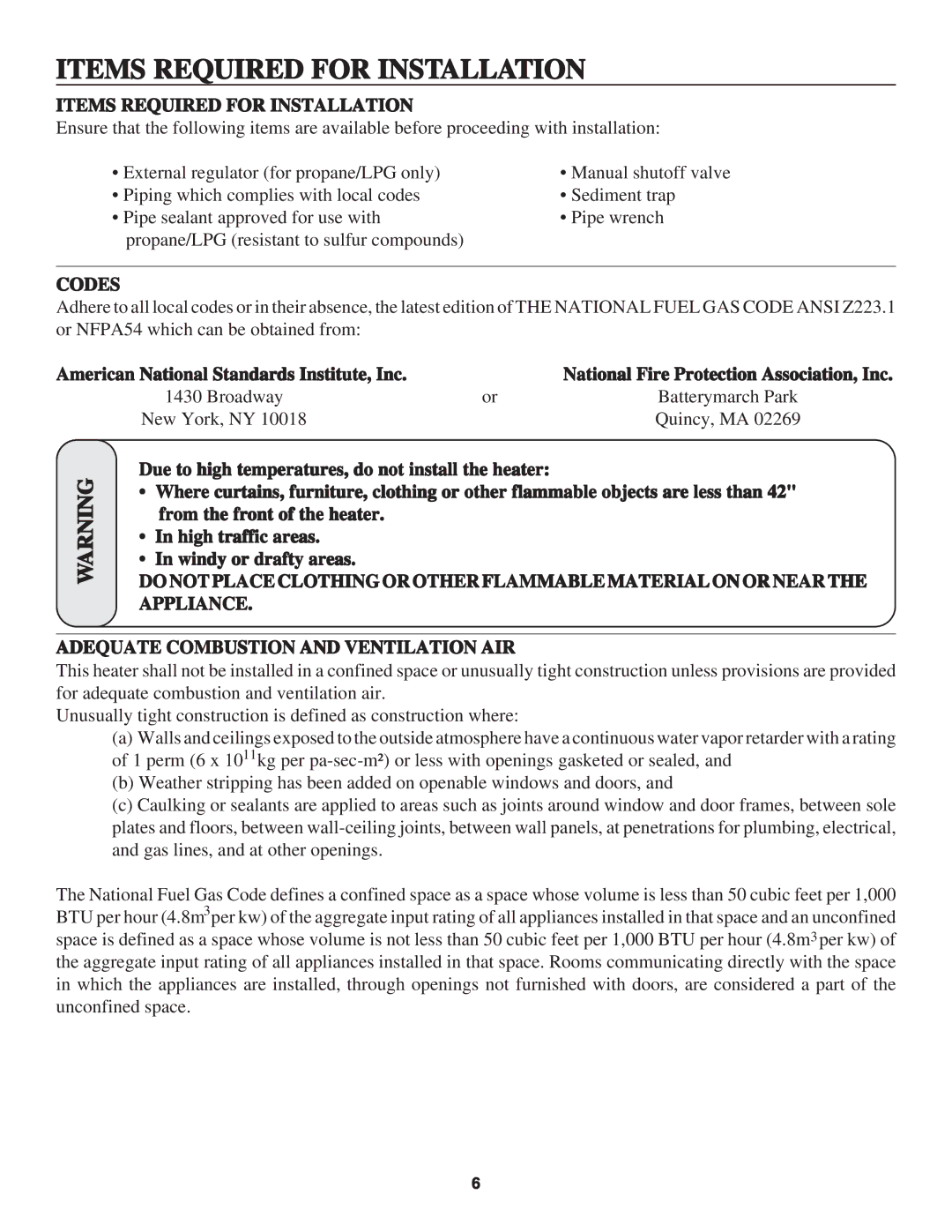 United States Stove B2045L, B2045N manual Items Required for Installation, Codes 