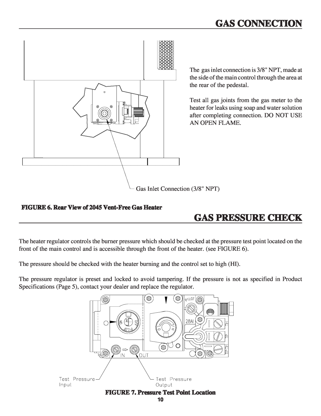 United States Stove B2045L, B2045N manual Gas Pressure Check, Gas Connection, Rear View of 2045 Vent-FreeGas Heater 