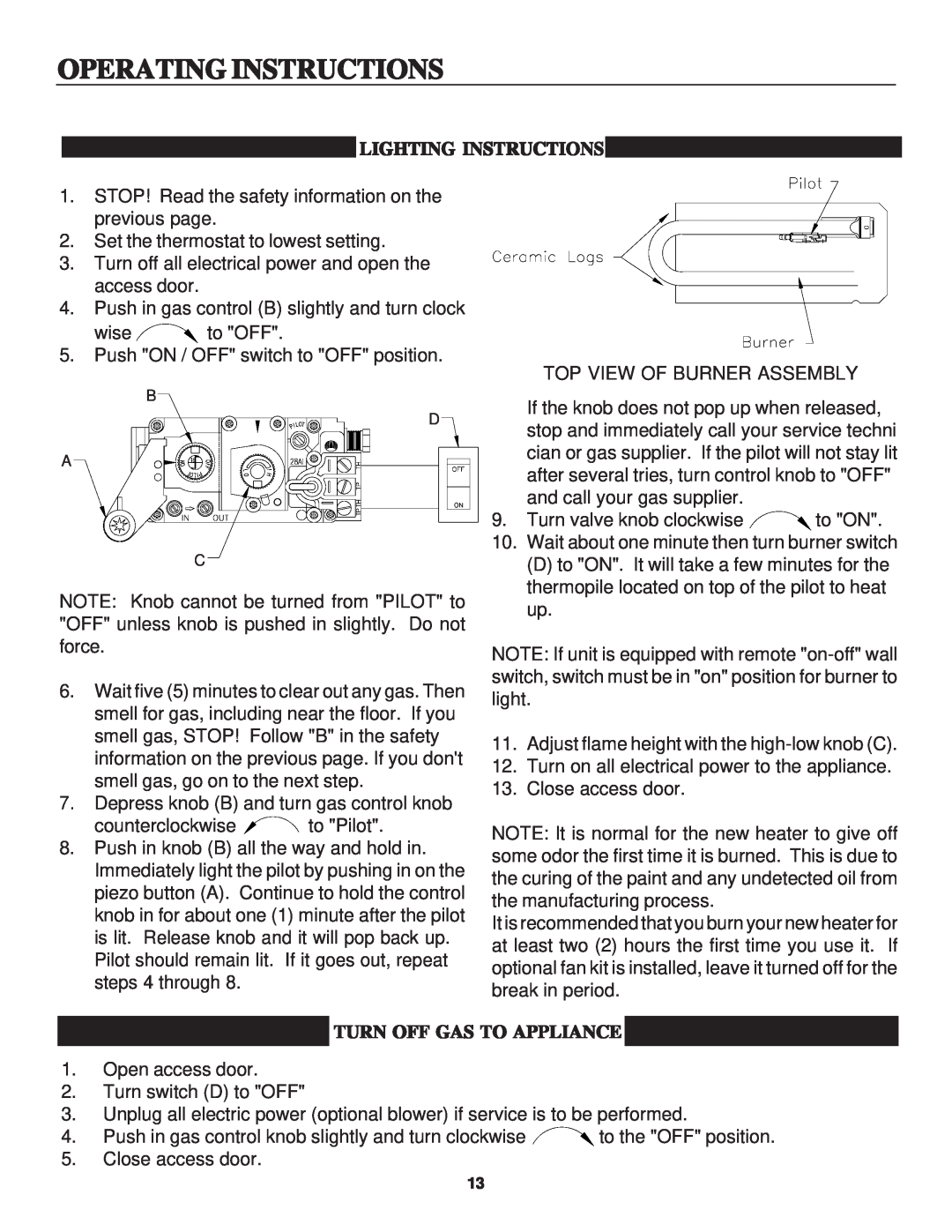 United States Stove B2045N, B2045L manual Operating Instructions, Lighting Instructions, Turn Off Gas To Appliance 