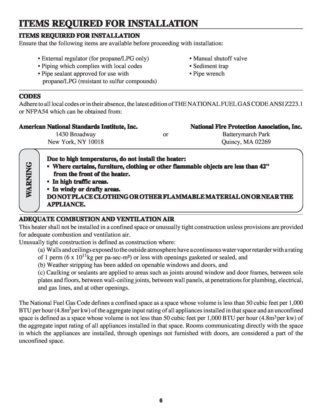 United States Stove B2045L, B2045N manual Items Required For Installation, Codes, American National Standards Institute, Inc 