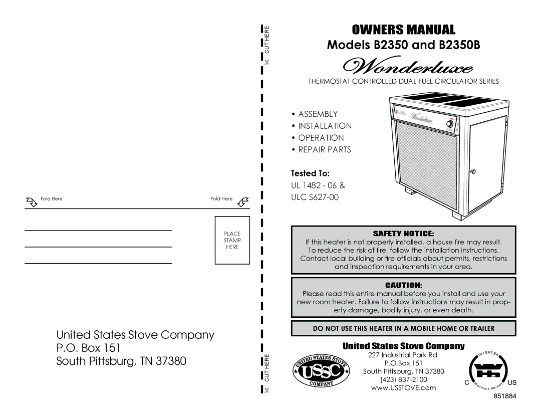 United States Stove B2350B owner manual Wonderluxe, United States Stove Company 