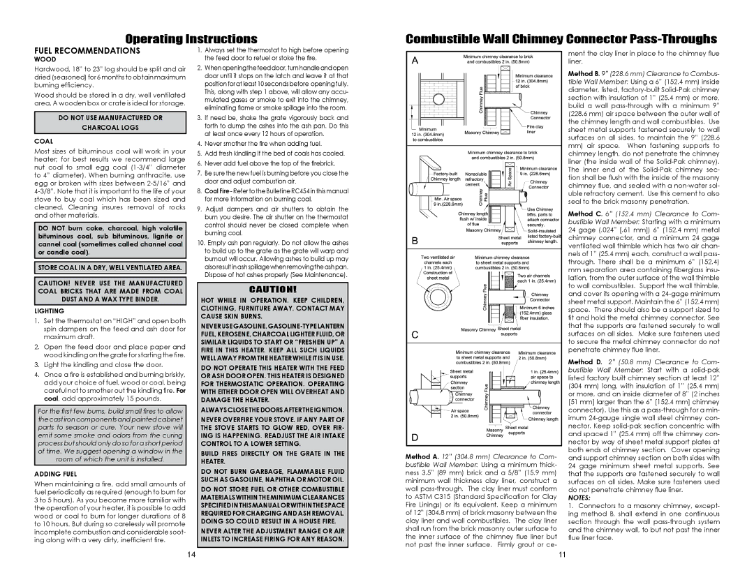 United States Stove B2350B owner manual Operating Instructions, Combustible Wall Chimney Connector Pass-Throughs 