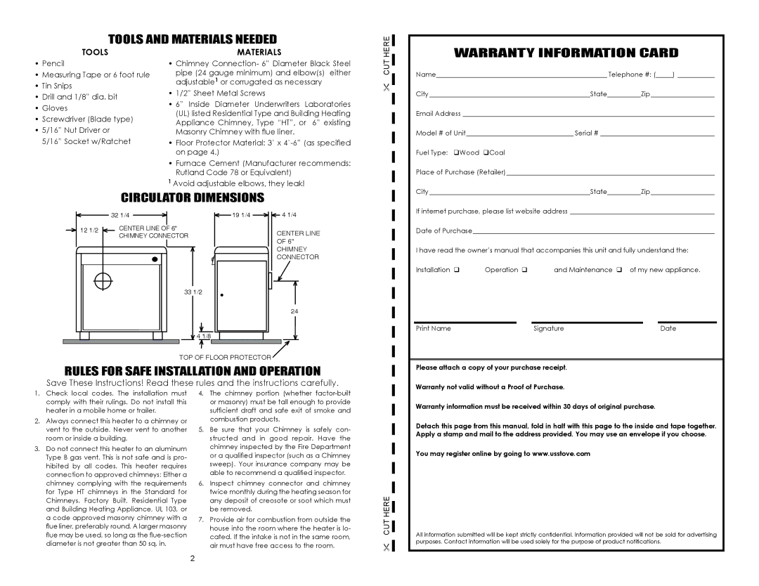 United States Stove B2350B owner manual Tools and Materials Needed, Warranty Information Card, Circulator dimensions 