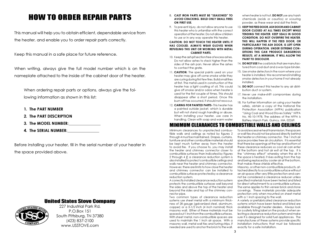 United States Stove B2350B owner manual HOW to Order Repair Parts, Minimum clearances to combustible walls and ceilings 