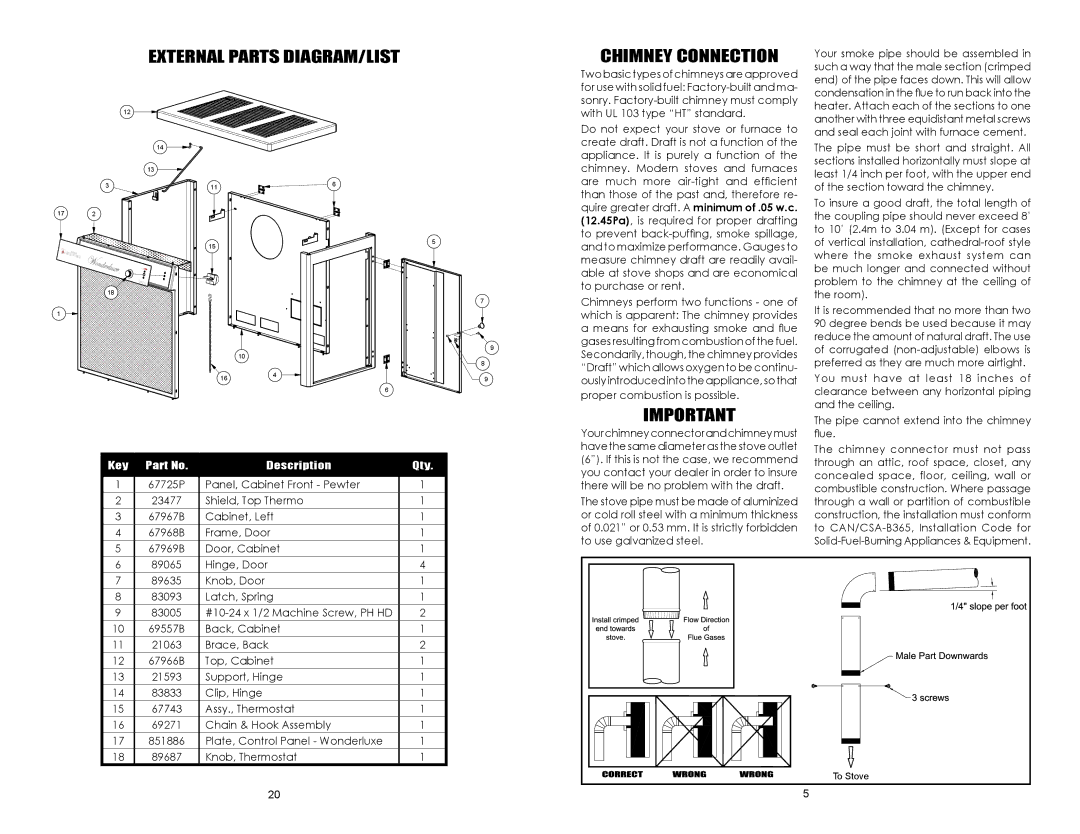 United States Stove B2350B owner manual External Parts Diagram/List, Chimney Connection 