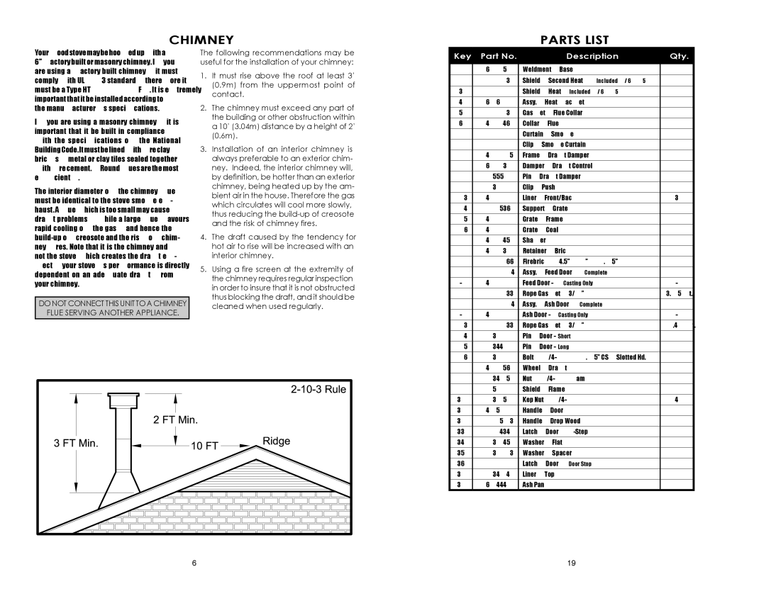 United States Stove B2350B owner manual Chimney, Parts List, Flue Serving Another Appliance 