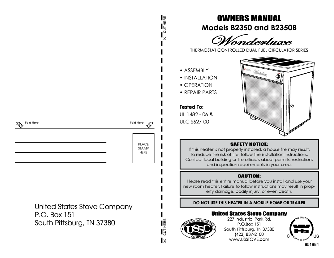 United States Stove owner manual Ussc, United States Stove Company, Wonderluxe, Models B2350 and B2350B, Repair Parts 
