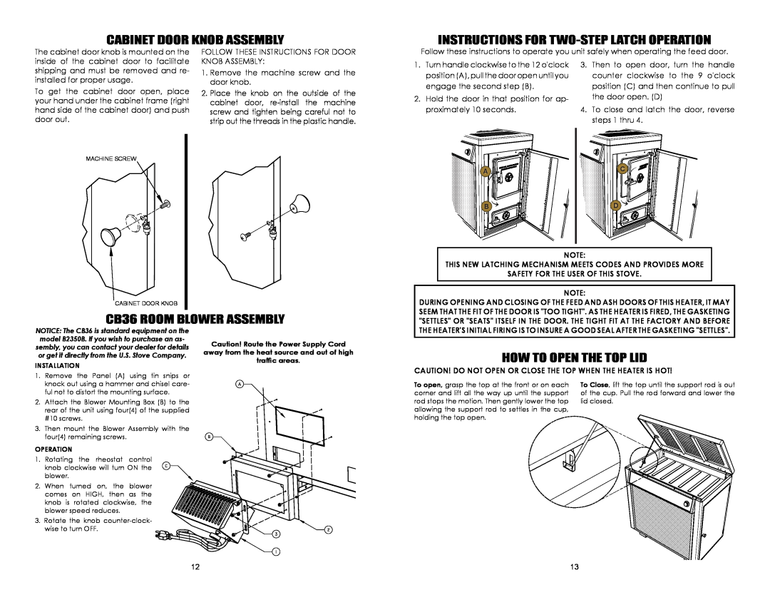 United States Stove B2350 Cabinet Door Knob Assembly, Instructions For Two-Steplatch Operation, CB36 ROOM BLOWER ASSEMBLY 