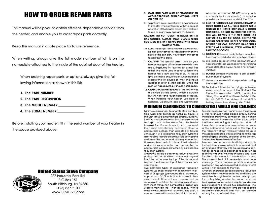 United States Stove B2350B owner manual How To Order Repair Parts, The PART NUMBER, Ussc, United States Stove Company 