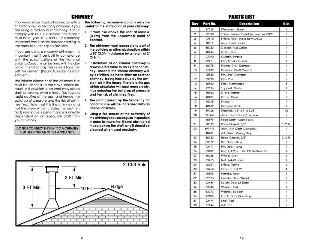 United States Stove B2350B owner manual Chimney, Parts List, Description 