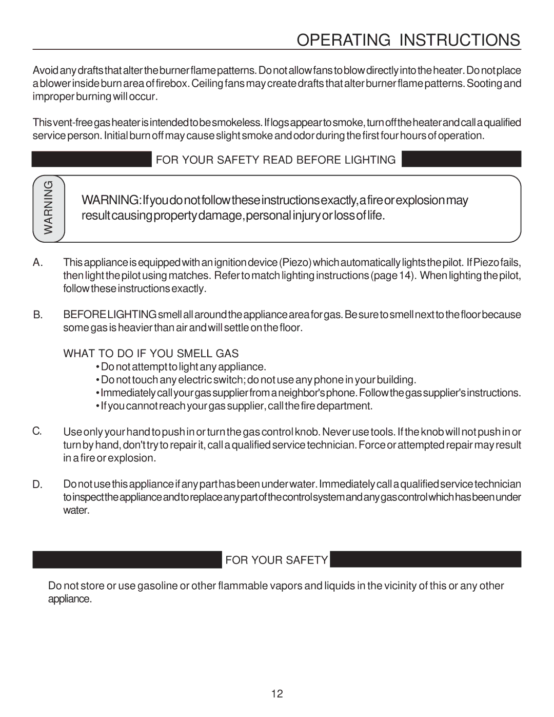 United States Stove B9945L manual Operating Instructions, For Your Safety Read Before Lighting, What to do if YOU Smell GAS 