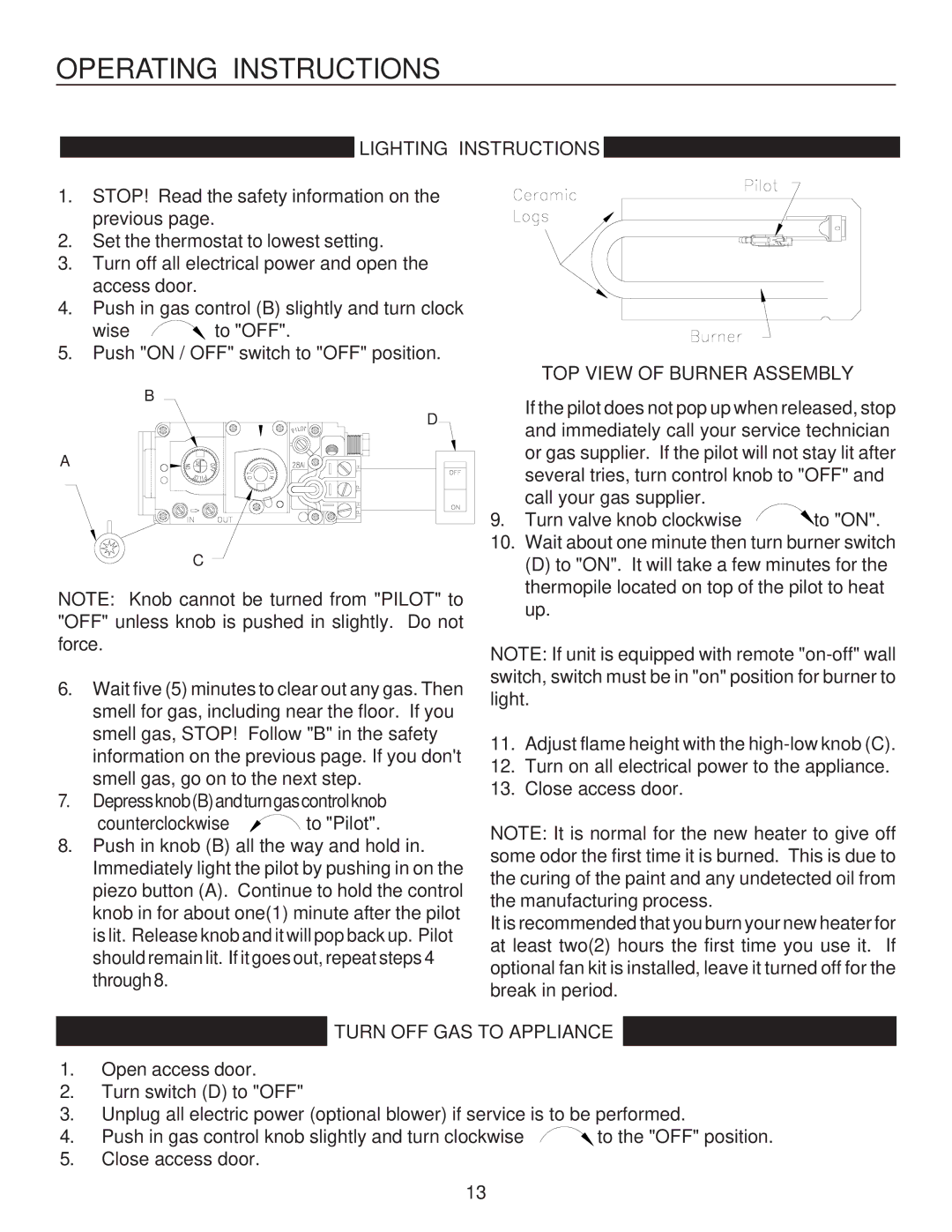 United States Stove B9945L manual Lighting Instructions, Turn OFF GAS to Appliance 