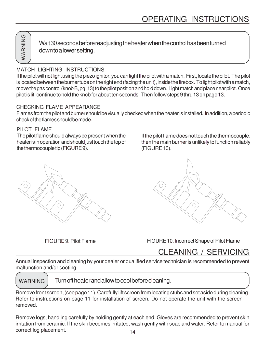 United States Stove B9945L manual Cleaning / Servicing, Match Lighting Instructions, Checking Flame Appearance, Pilot Flame 