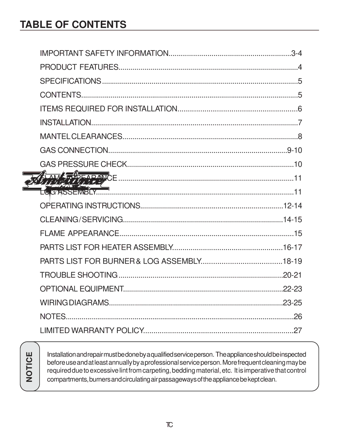 United States Stove B9945L manual Table of Contents 