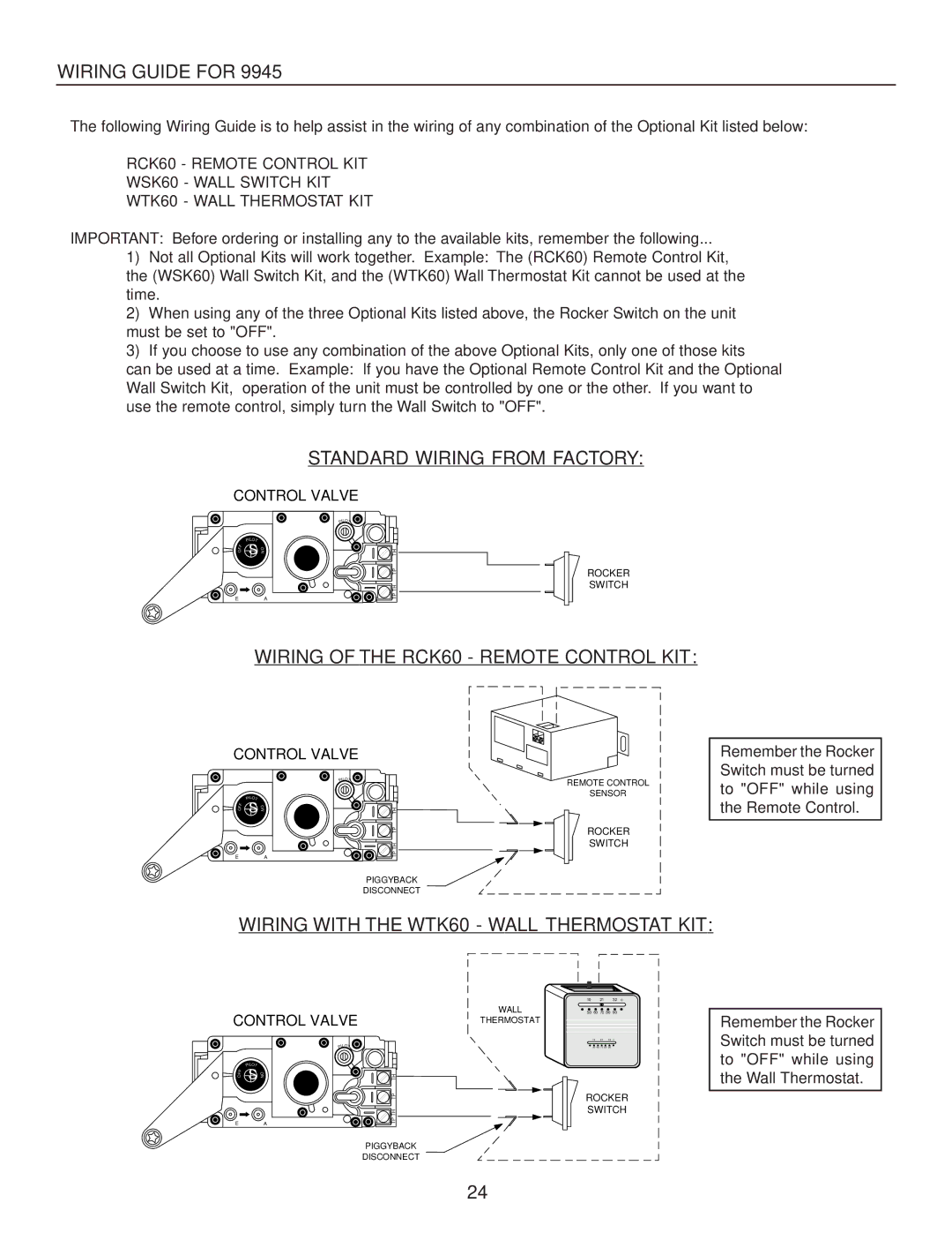 United States Stove B9945L manual Standard Wiring from Factory, Wiring of the RCK60 Remote Control KIT 