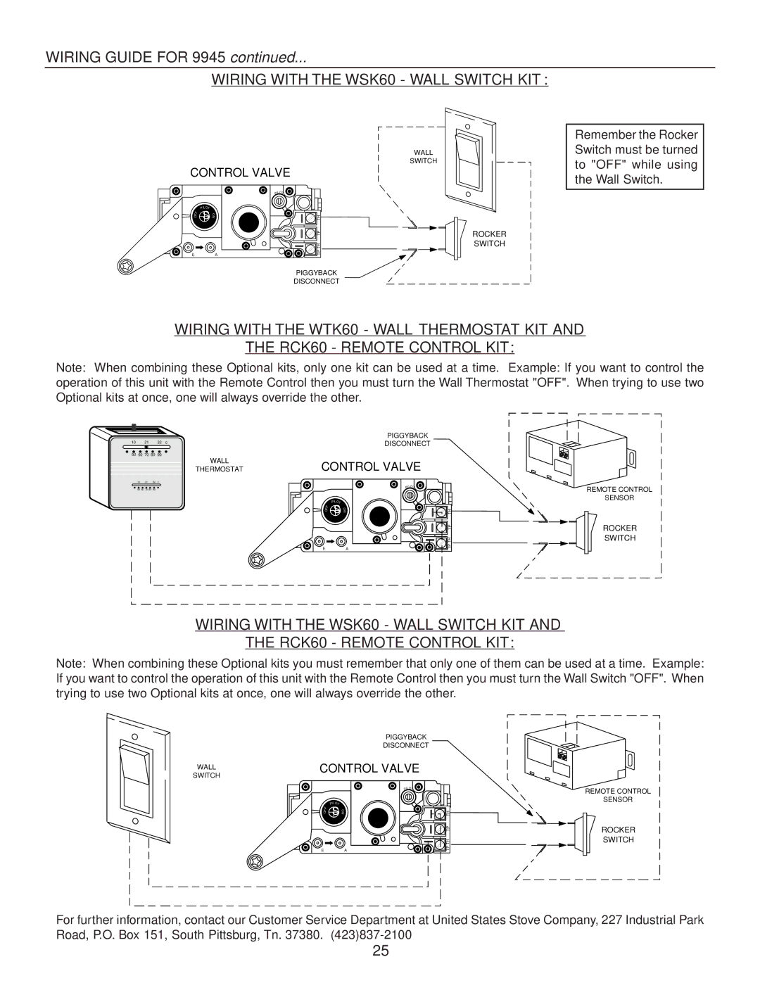 United States Stove B9945L manual Wiring with the WSK60 Wall Switch KIT, Control Valve 