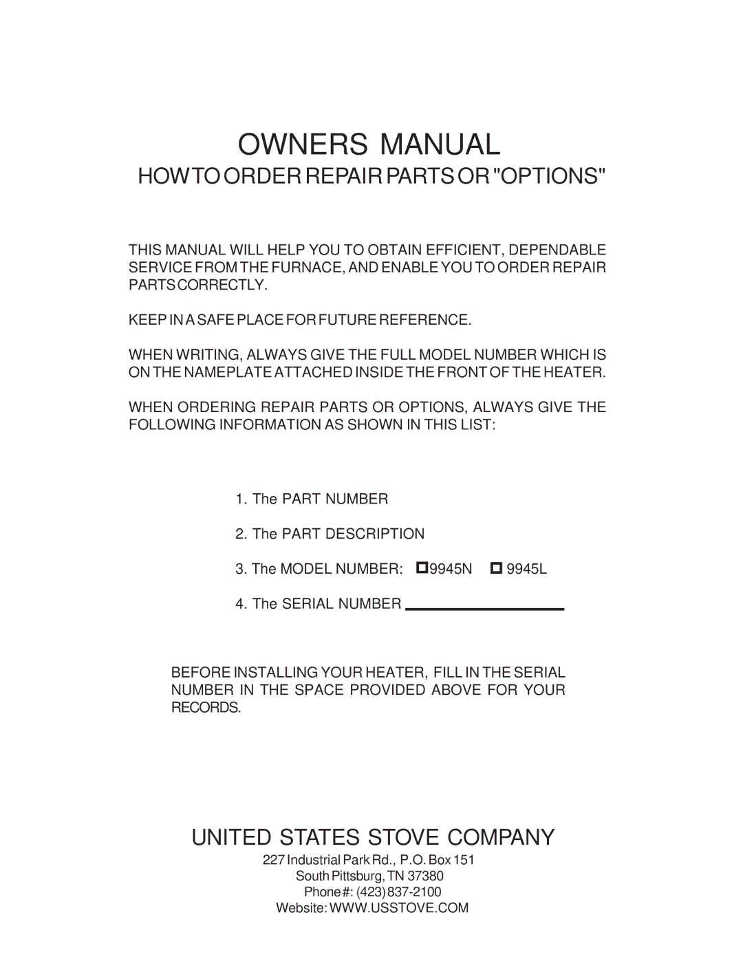 United States Stove B9945L manual Howto Order Repair Parts or Options, United States Stove Company 