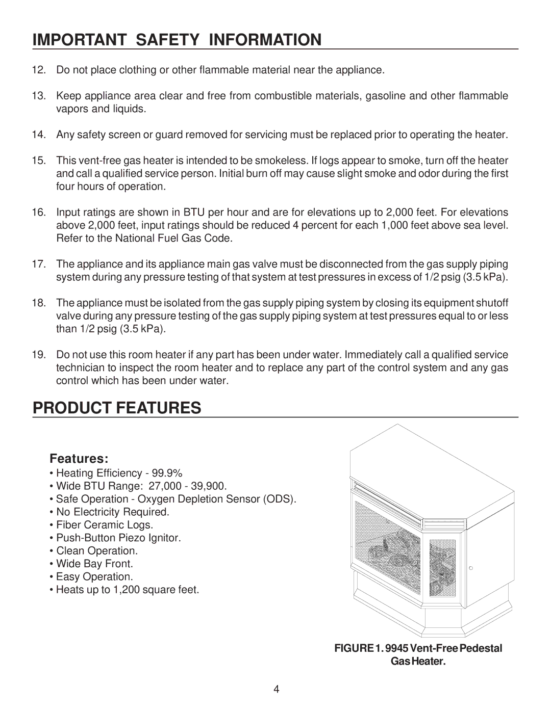 United States Stove B9945L manual Product Features 