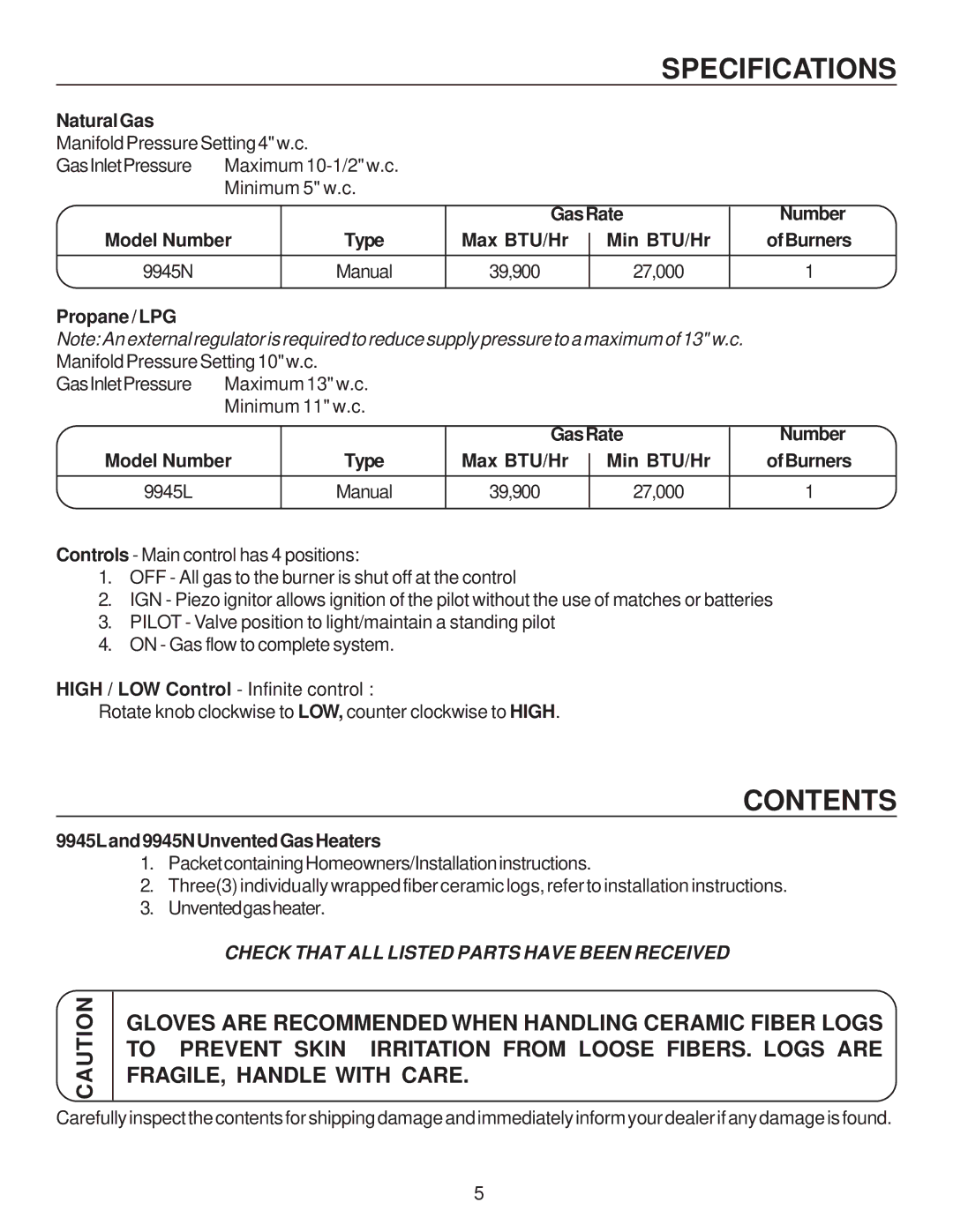 United States Stove B9945L manual Specifications, Contents 