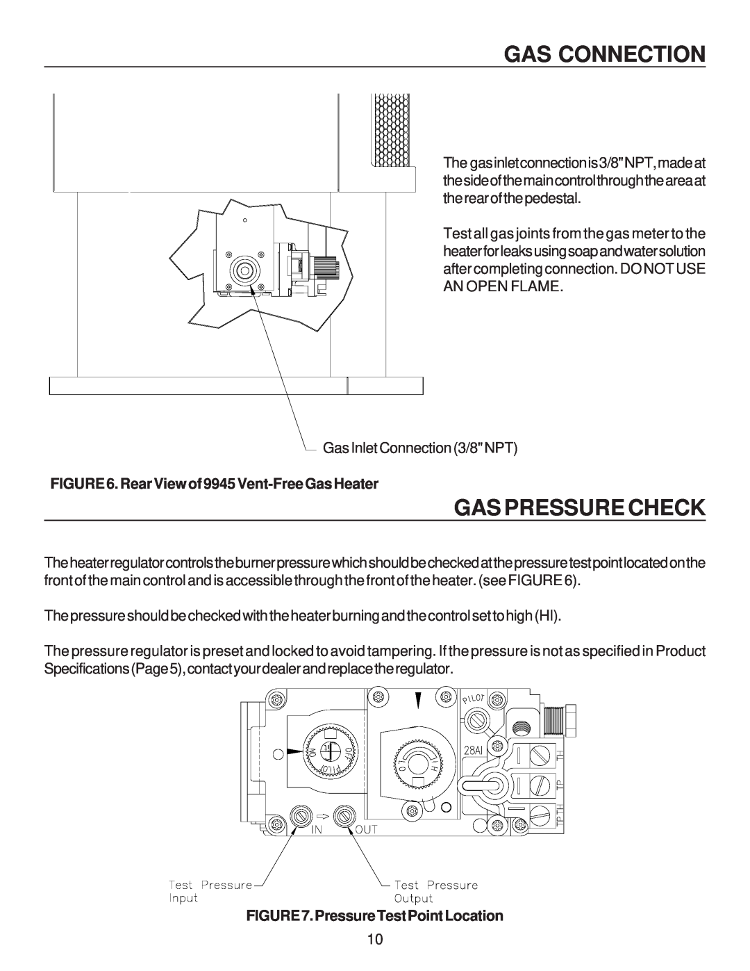 United States Stove B9945L manual Gas Pressure Check, Rear View of 9945 Vent-FreeGas Heater, Pressure Test Point Location 