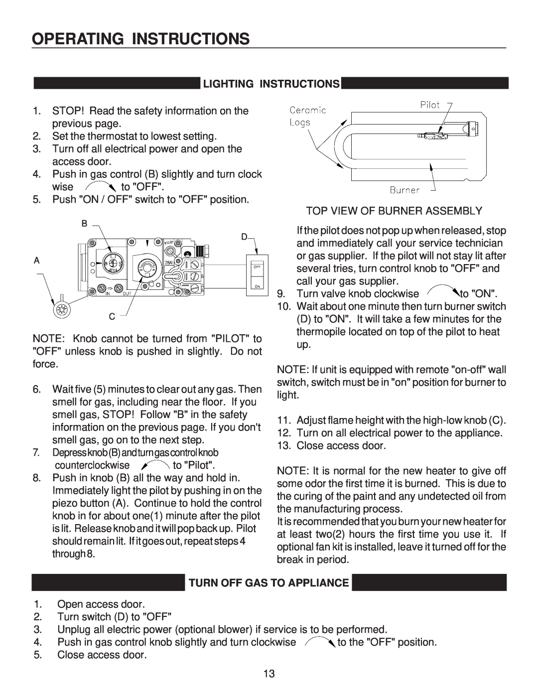 United States Stove B9945L manual Lighting Instructions, Turn Off Gas To Appliance, Operating Instructions 