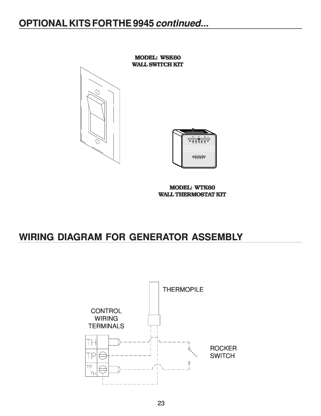 United States Stove B9945L OPTIONAL KITS FORTHE 9945 continued, Wiring Diagram For Generator Assembly, 10 21 32 c 50 60 