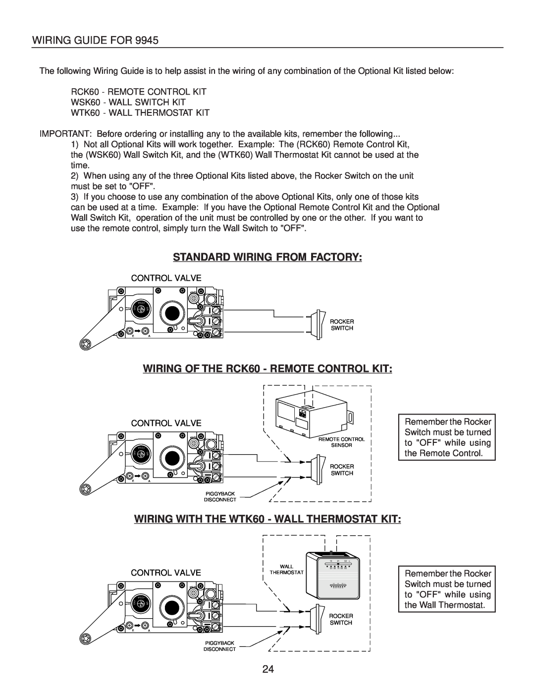 United States Stove B9945L manual Standard Wiring From Factory, WIRING OF THE RCK60 - REMOTE CONTROL KIT, Wiring Guide For 