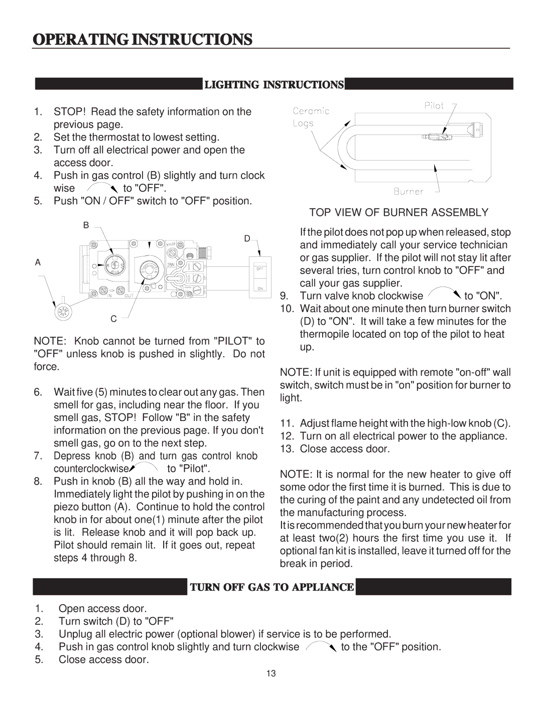 United States Stove B9945N manual Lighting Instructions, Turn OFF GAS to Appliance 