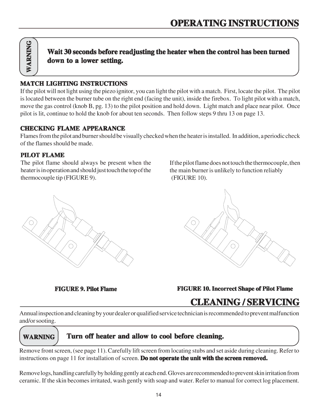 United States Stove B9945N manual Cleaning / Servicing, Match Lighting Instructions, Checking Flame Appearance, Pilot Flame 