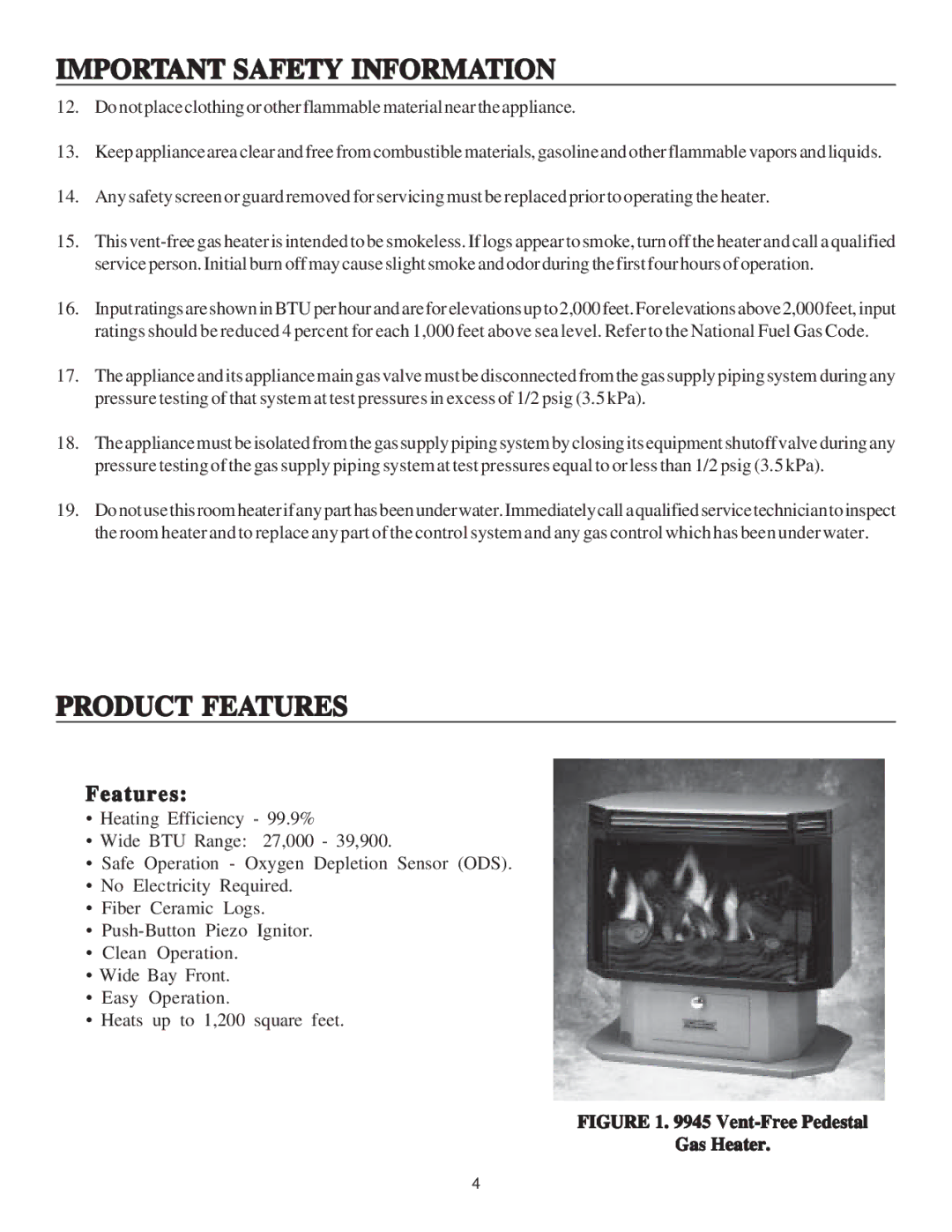 United States Stove B9945N manual Product Features 