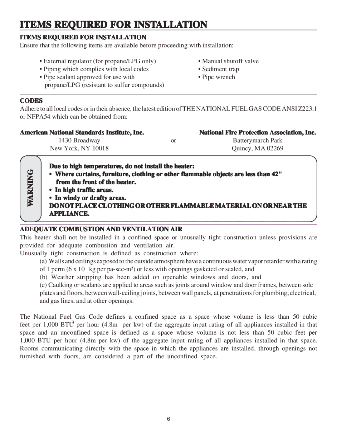 United States Stove B9945N manual Items Required for Installation, Codes 