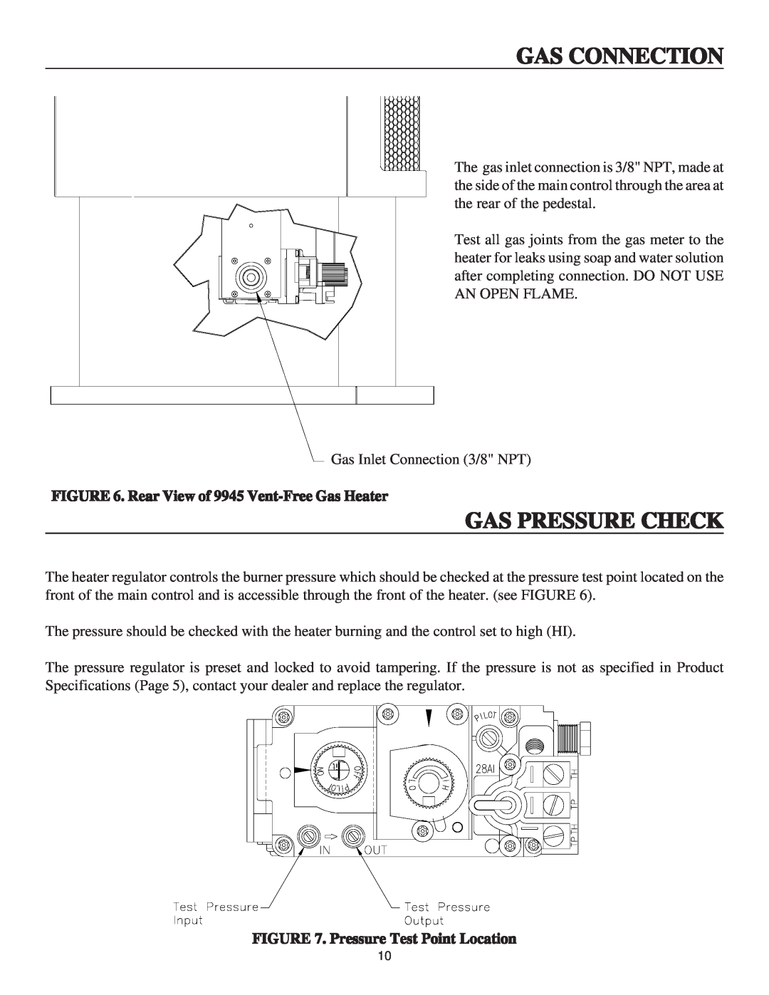 United States Stove B9945N manual Gas Pressure Check, Gas Connection, Rear View of 9945 Vent-FreeGas Heater 