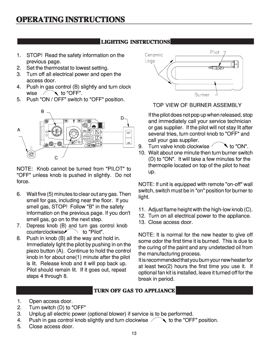 United States Stove B9945N manual Operating Instructions, Lighting Instructions, Turn Off Gas To Appliance 
