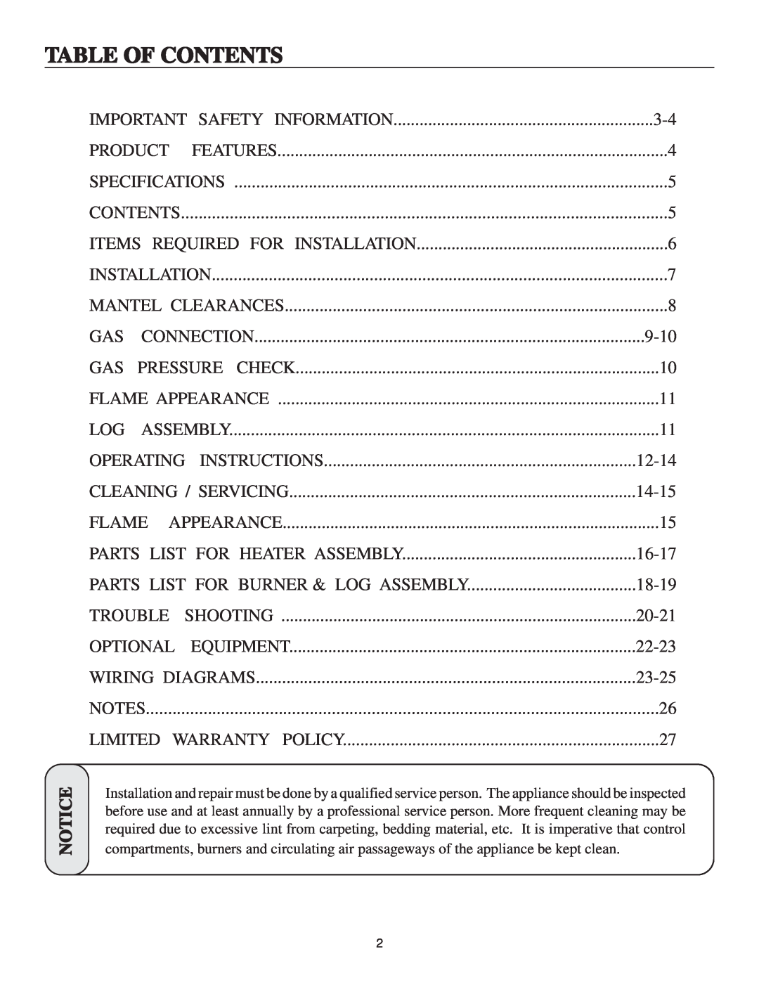 United States Stove B9945N manual Table Of Contents 