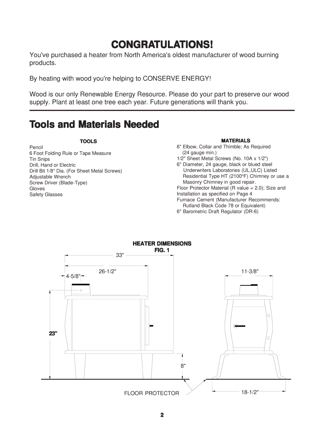 United States Stove C226 owner manual Tools and Materials Needed 