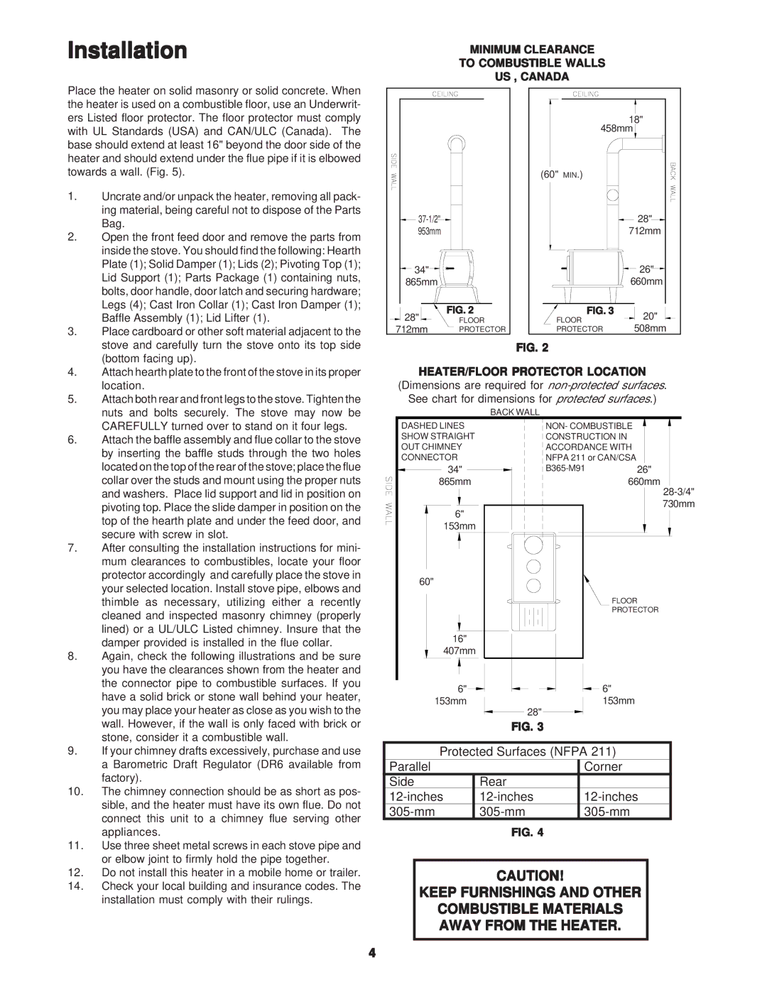 United States Stove C226 Installation, Minimum Clearance To Combustible Walls US , Canada, HEATER/FLOOR Protector Location 