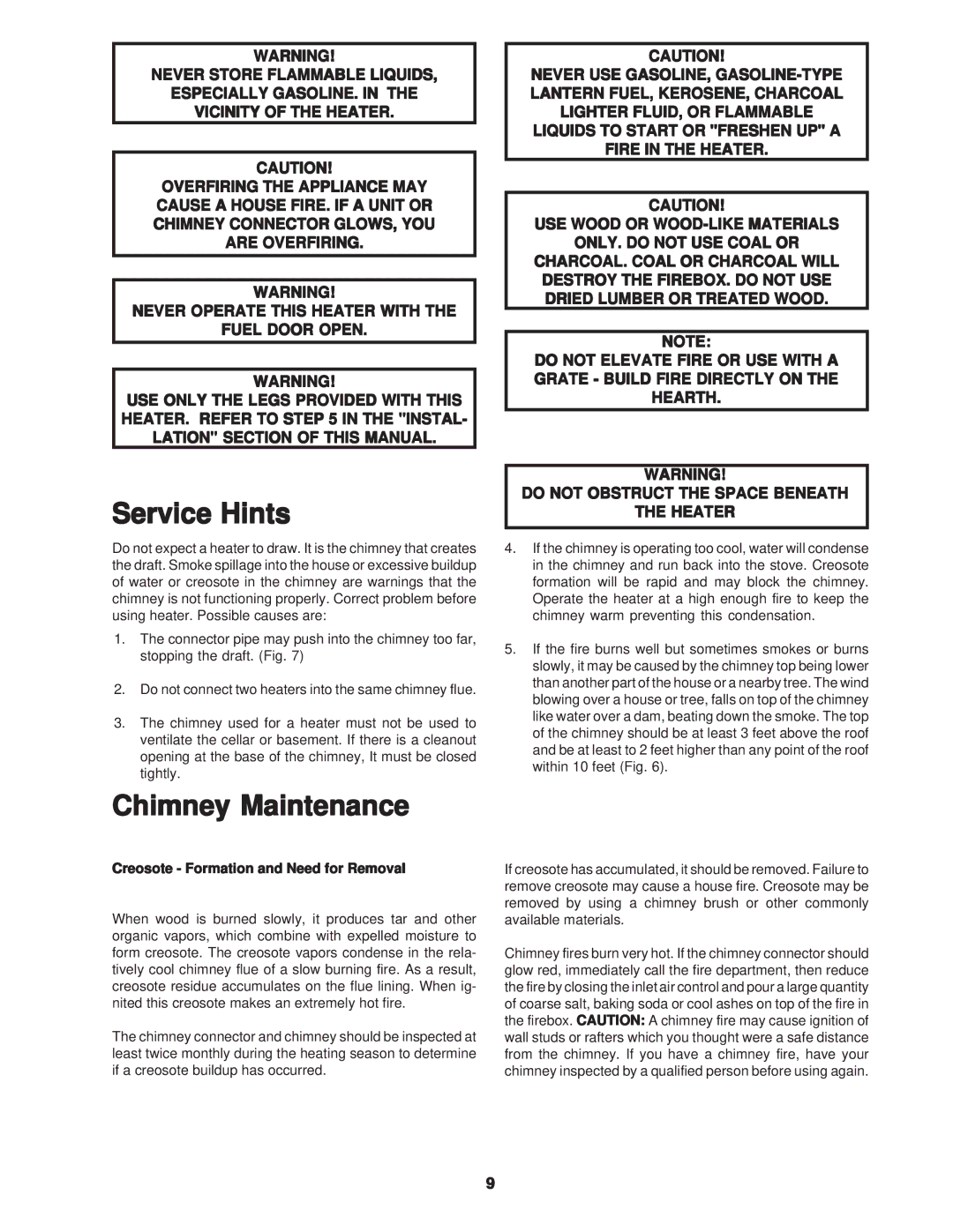 United States Stove C226 owner manual Service Hints, Chimney Maintenance 