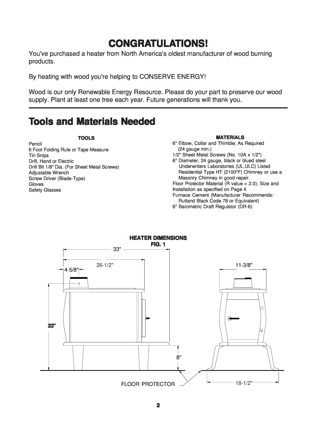 United States Stove C226 owner manual Congratulations, Tools and Materials Needed, Heater Dimensions 