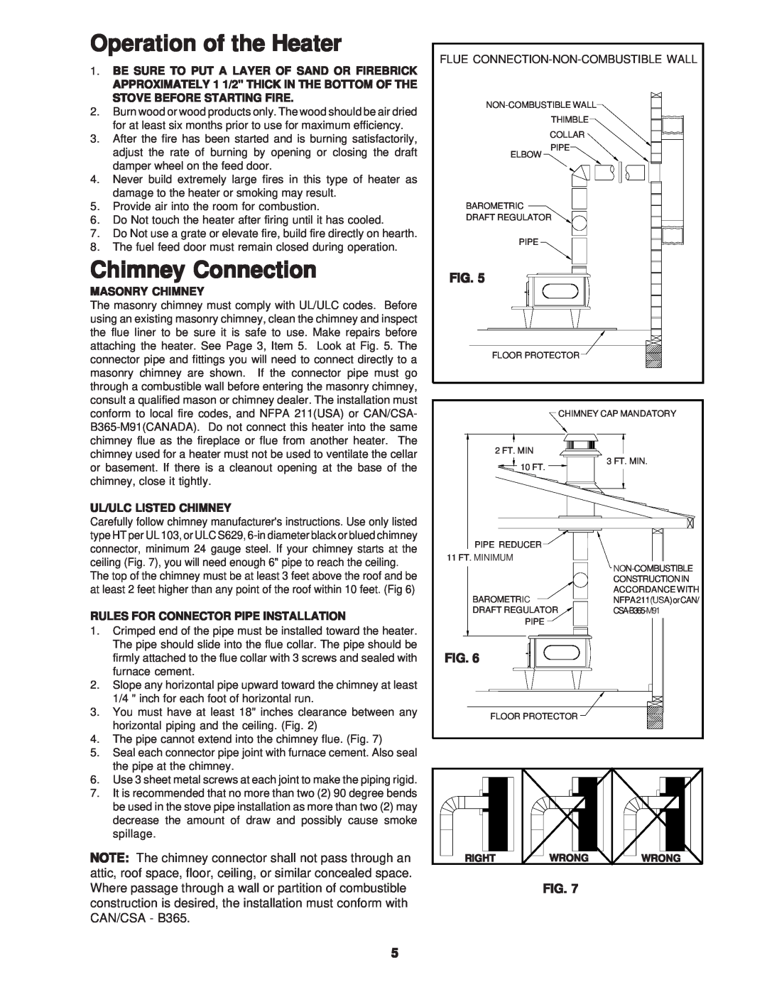 United States Stove C226 Operation of the Heater, Chimney Connection, Fig, Be Sure To Put A Layer Of Sand Or Firebrick 