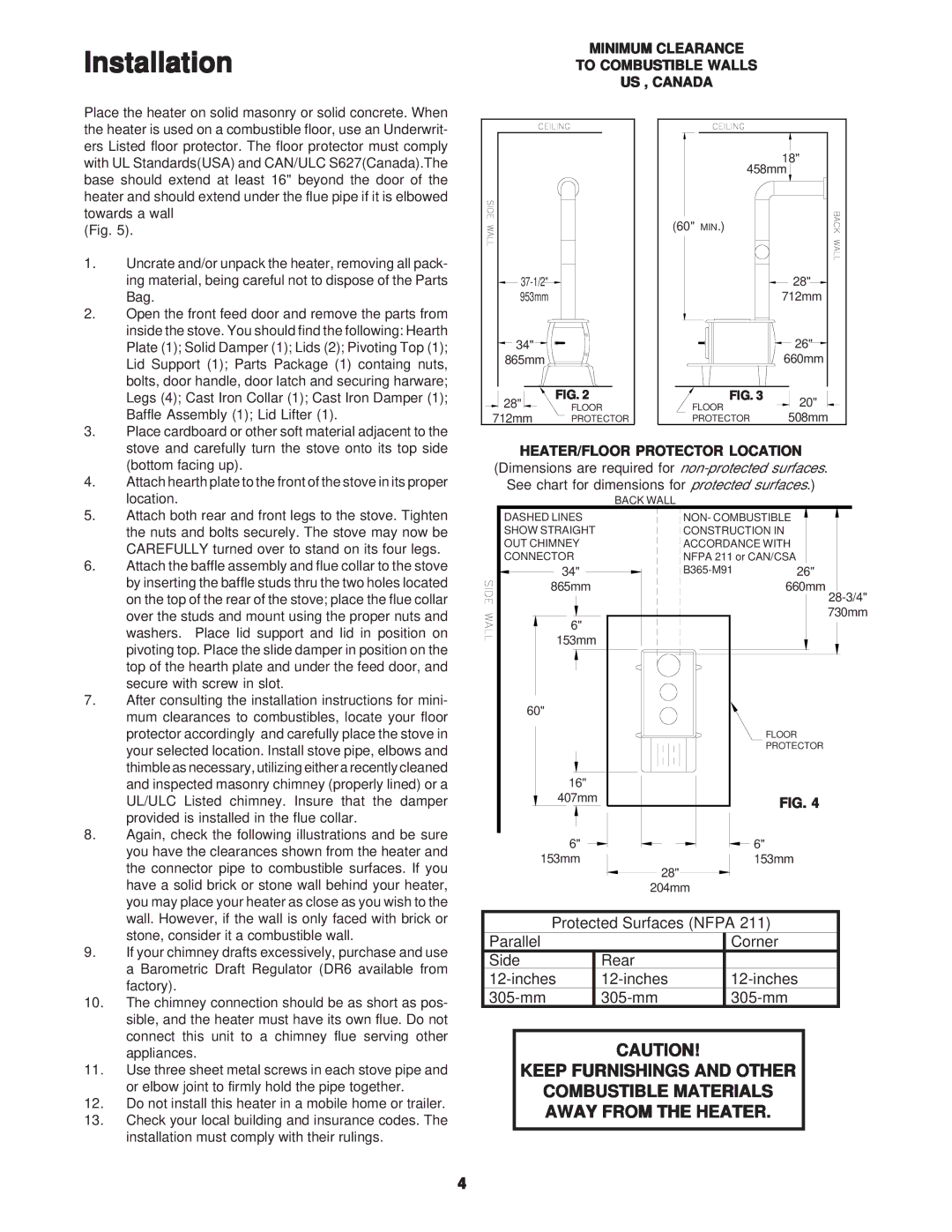 United States Stove C242 Installation, Minimum Clearance To Combustible Walls US , Canada, HEATER/FLOOR Protector Location 