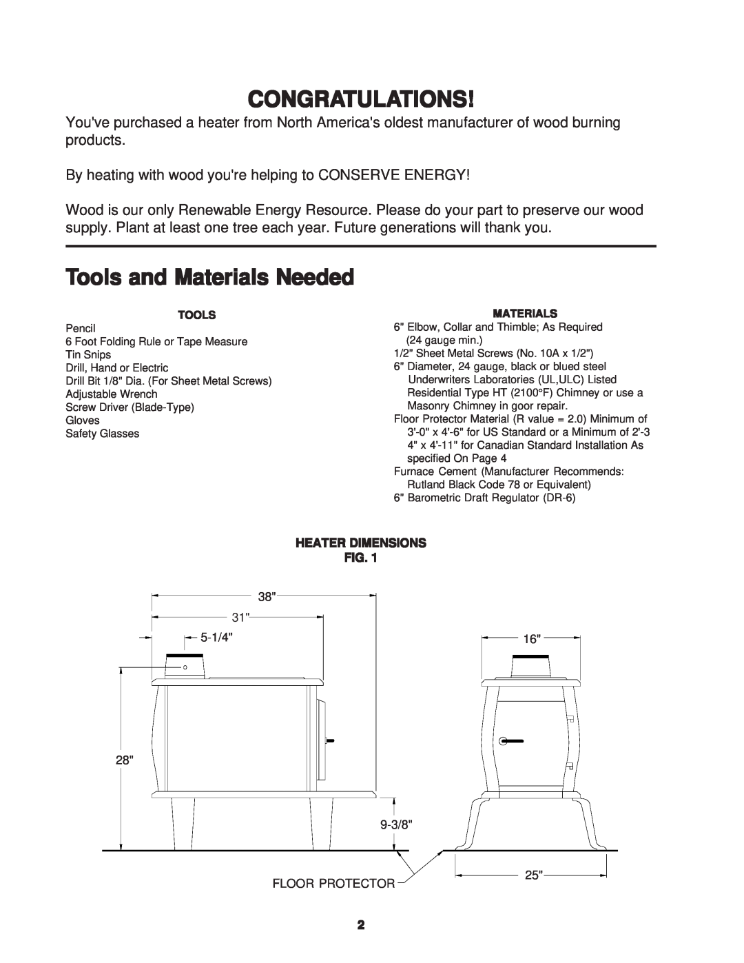 United States Stove C242 owner manual Congratulations, Tools and Materials Needed, Heater Dimensions 