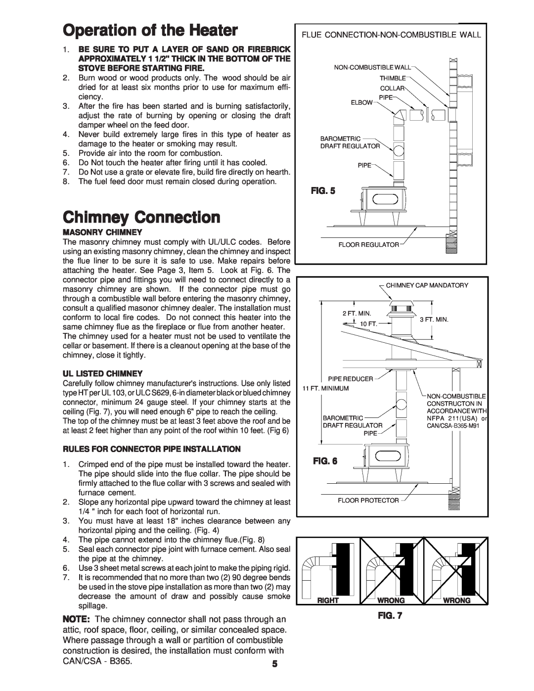 United States Stove C242 Operation of the Heater, Chimney Connection, CAN/CSA - B365.5, Stove Before Starting Fire 