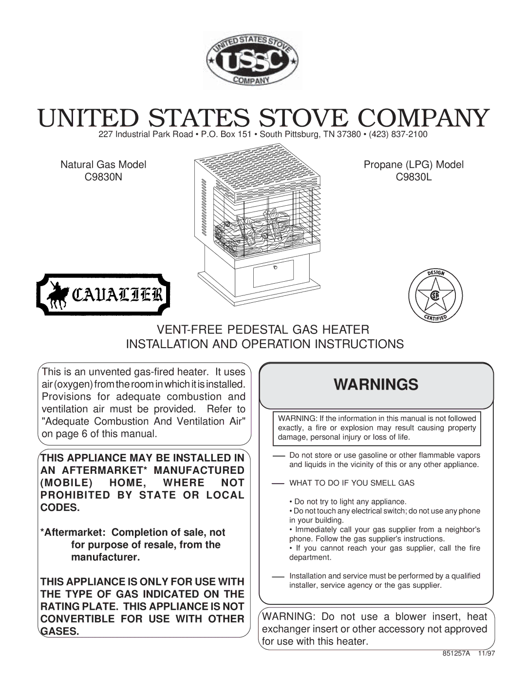 United States Stove C9830L, C9830N manual United States Stove Company 