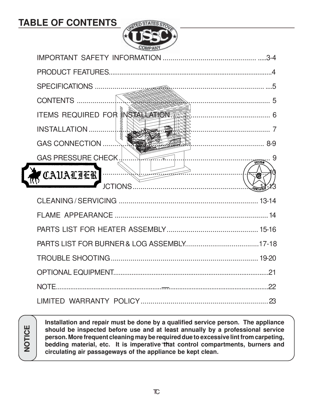 United States Stove C9830N, C9830L manual Table of Contents 