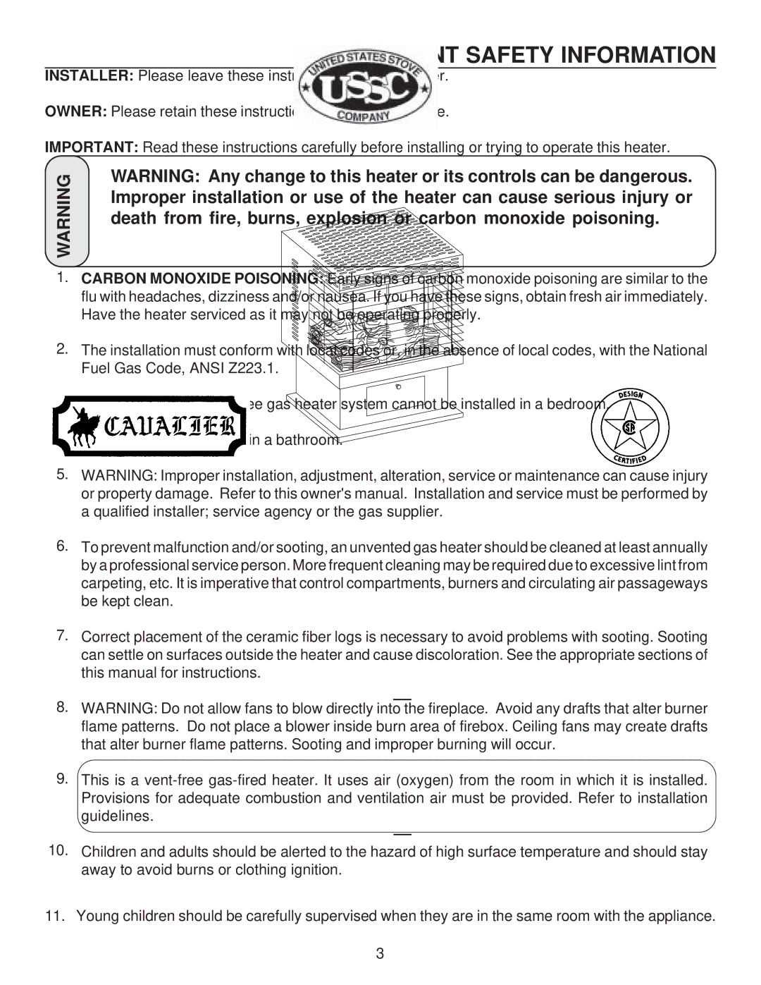 United States Stove C9830L, C9830N manual Important Safety Information 