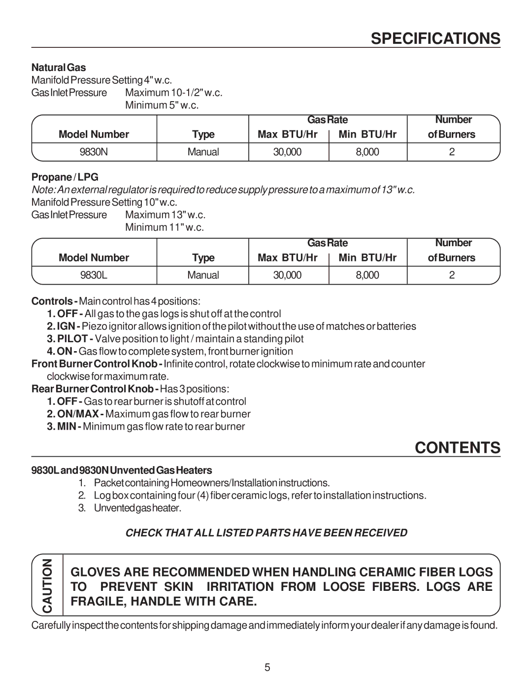 United States Stove C9830L, C9830N manual Contents 