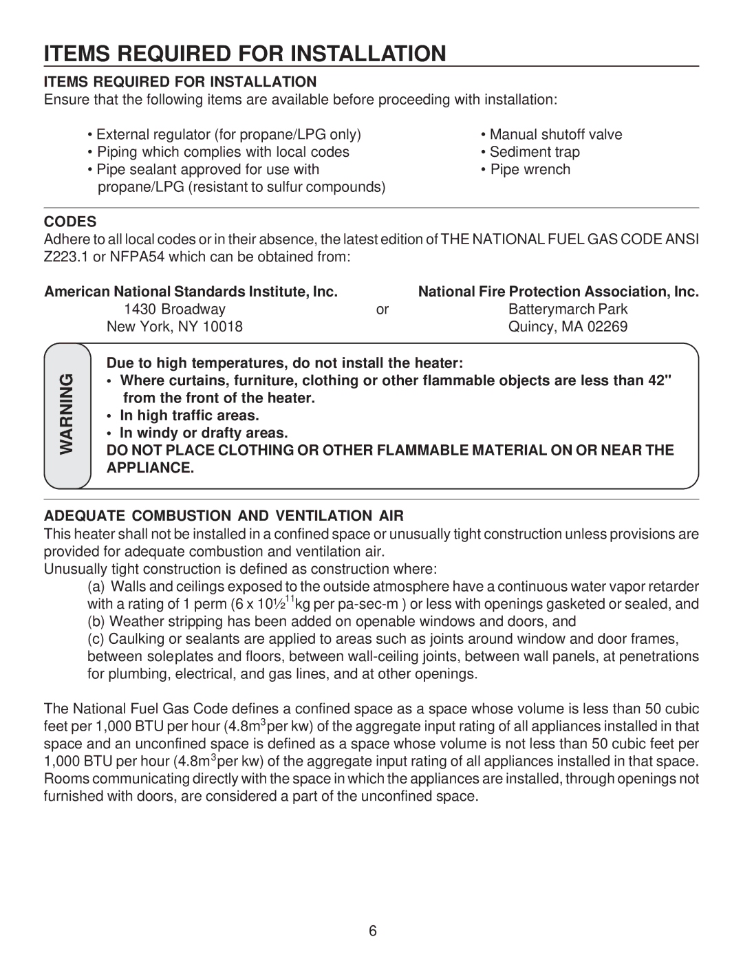 United States Stove C9830N, C9830L manual Items Required for Installation, Codes 